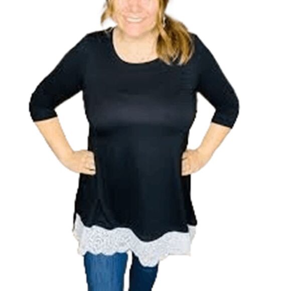 Now & Forever Black knit 3/4 Sleeve Cream Lace Hem Sweater Tunic Top Size 2XL - Picture 1 of 7